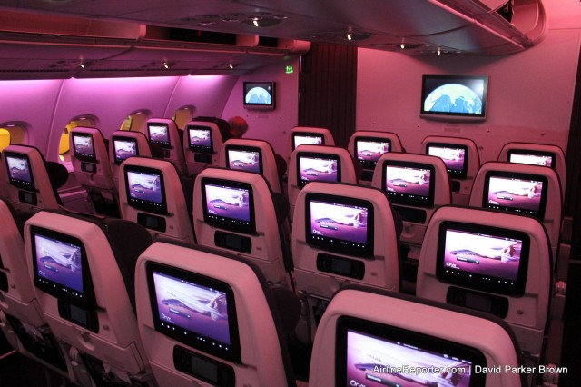 The smaller Economy Class section on the upper deck of Qatar's A380