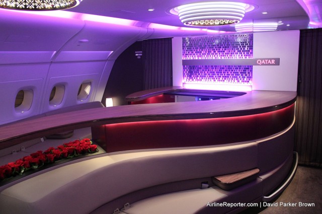 The empty Qatar Sky Lounge on the A380
