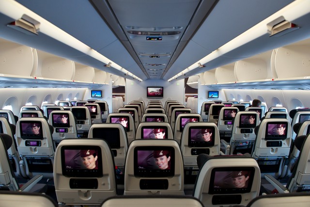The front economy cabin on Qatar Airways' first A350-900. Photo - Bernie Leighton | AirlineReporter