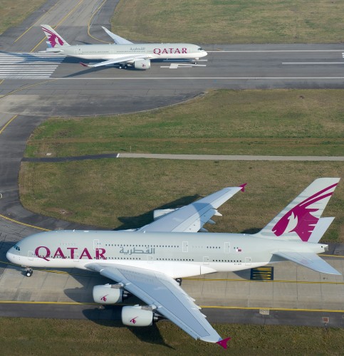 Qatar Airways" recently-delivered A350 XWB and A380 jetliners taxi out before departing on their ferry flights from Toulouse, France to the carrier"s hub in Doha, Qatar - Photo: Airbus