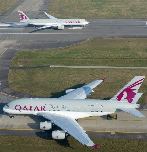 Qatar Airwaysâ€™ recently-delivered A350 XWB and A380 jetliners taxi out before departing on their ferry flights from Toulouse, France to the carrierâ€™s hub in Doha, Qatar - Photo: Airbus
