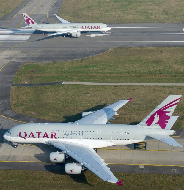 Qatar Airways’ recently-delivered A350 XWB and A380 jetliners taxi out before departing on their ferry flights from Toulouse, France to the carrier’s hub in Doha, Qatar - Photo: Airbus