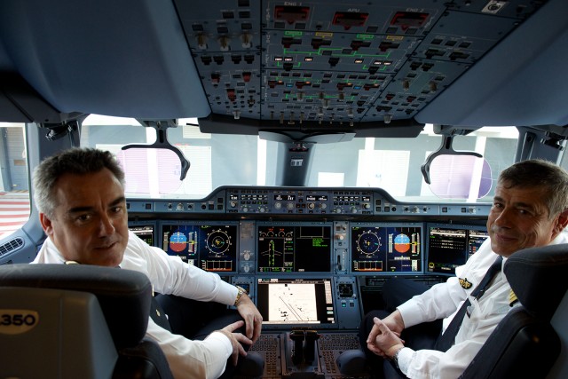 The A350 flight deck being shown off by its joyful flight crew. Photo - Bernie Leighton | AirlineReporter