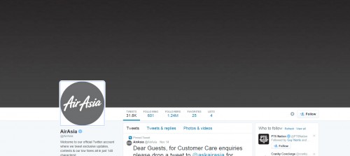 Screen shot taking of Air Asia's Twitter account. No cover photo and their uses icon is now gray (was red)