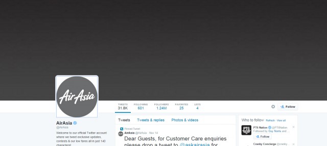 Screen shot taking of Air Asia's Twitter account. No cover photo and their uses icon is now gray (was red)