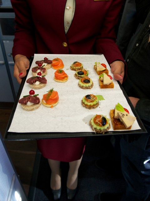 Being stuck in the aisle gives you a lot of time to snack. The smoked-duck canaps were the best. Photo - Bernie Leighton | AirlineReporter