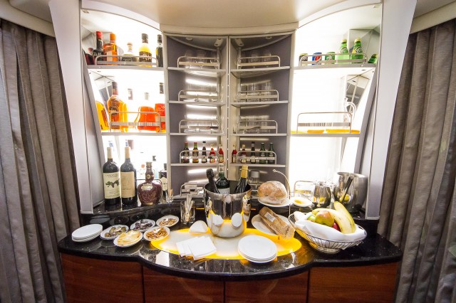 While the first class bar has a wide range of premium beverages, it lacks the atmosphere of the business class bar Photo: Jacob Pfleger | AirlineReporter