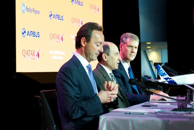 Airbus President and CEO Fabrice Brgier, Qatar Airways CEO HE Akbar Al Baker, and Rolls Royce Aerospace President Tony Wood assemble to answer questions. Photo - Bernie Leighton | AirlineReporter