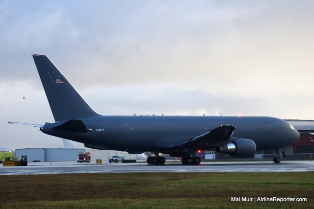 The first 767-2C exits the runway in Everett due to a malfunction in the telemetry control.  It was able to get back to the planned flight departure a few minutes later.