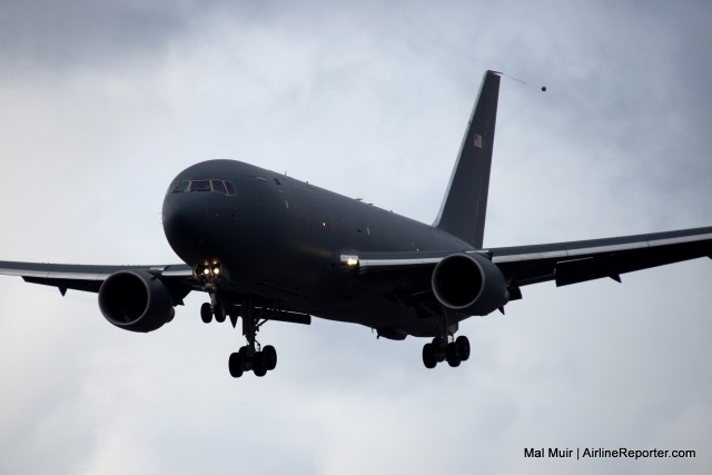 The first 767-2C returns to Boeing Field after roughly 3.5 hours of flight testing over the Pacific North West.