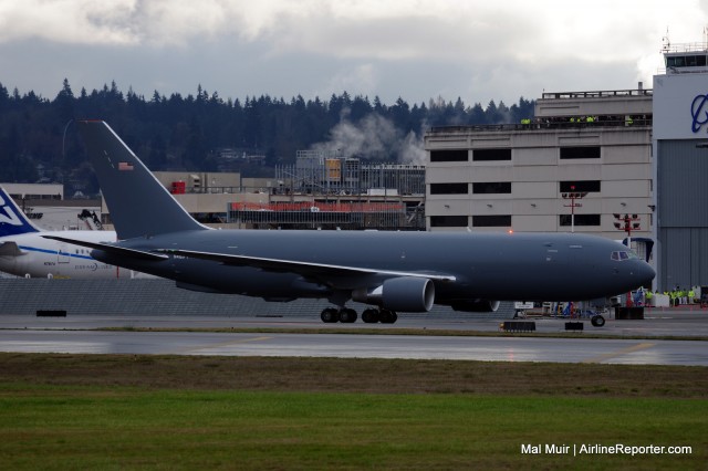 A Good look at the 767-2C on the ramp at Boeing Field.  At the back of the aircraft below the tail you can see what will eventually become the Boom Installation and convert this aircraft to a KC-46A Pegasus.