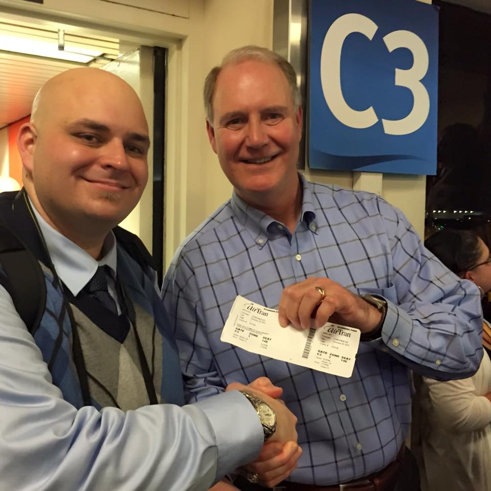 Boarding the final AirTran flight with a hand shake from Gary Kelly. Photo courtesy of Ben Bearup.
