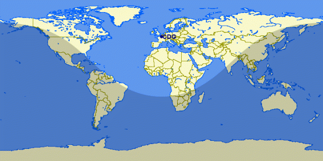 4000nm from Paris opens up wide swathes of Central Asia, the Middle East, and Africa. Image: Great Circle Mapper