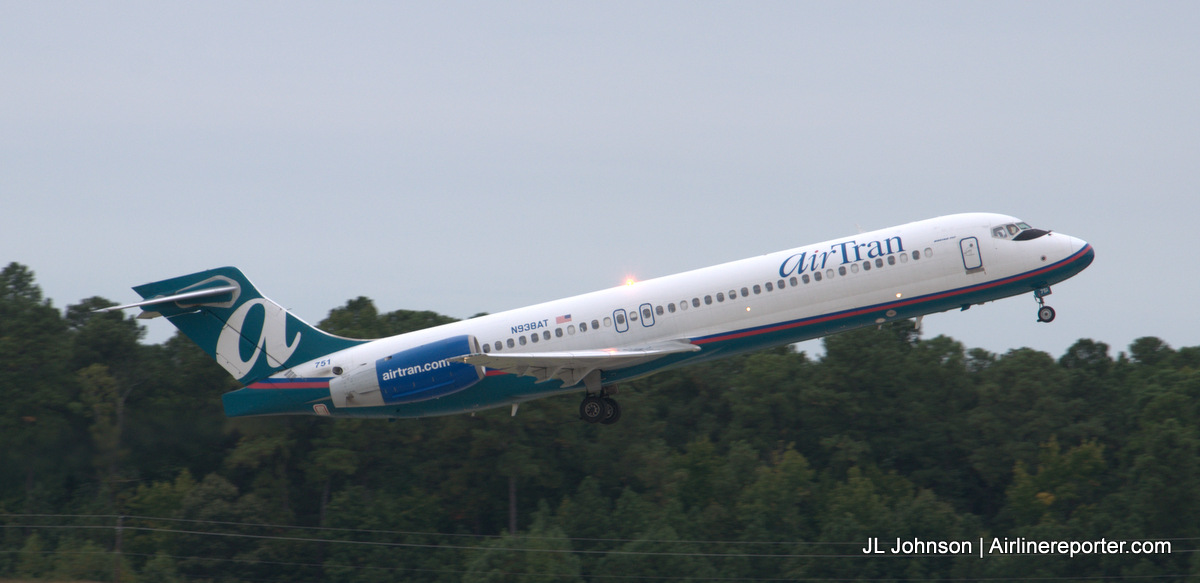 An AirTran 717 seen departing Raleigh/Durham International Airport