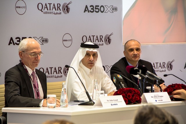 HE Akbar Al Baker (Qatar Airways Group CEO) begins the press conference in Doha along with Mr Dider Evrard (Airbus Executive VP) and Mr Eric Schulz (Rolls Royce President of civil large engines) Photo: Jacob Pfleger | AirlineReporter