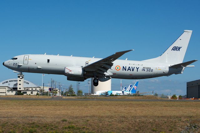 An Indian Navy P-8I Neptune landing at Paine Field. These aircraft will replace the Tu-142 in Indian service.  Photo - Bernie Leighton | AirlineReporter
