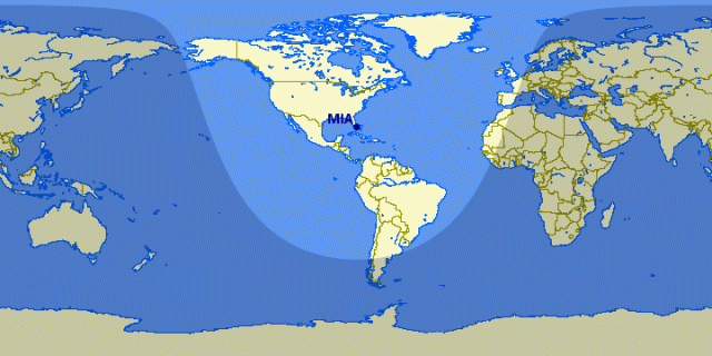4000nm from Miami opens up the majority of South America. Image : Great Circle Mapper