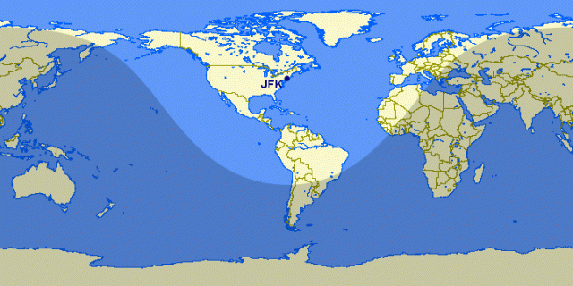 4000nm from JFK in any direction. Image: Great Circle Mapper