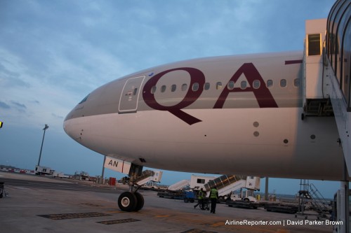 Tarmac de-planing from a Qatar 777-300ER in Doha