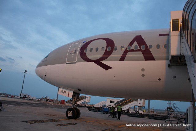 Tarmac de-planing from a Qatar 777-300ER in Doha