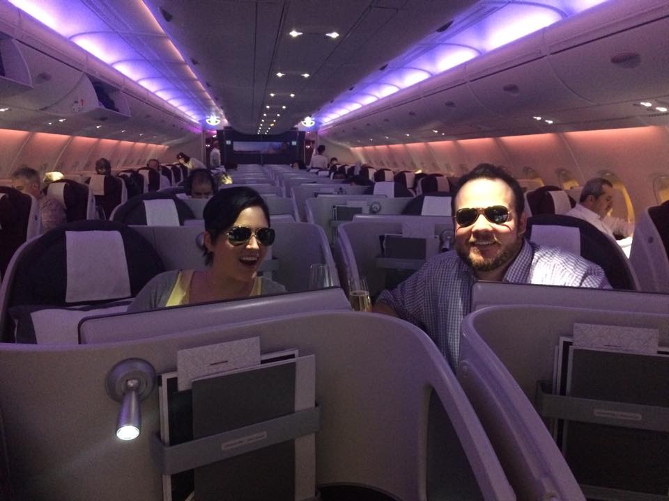 The author, Kat, and our David Parker Brown about ready to fly on a Qatar A380 - Photo: David Parker Brown