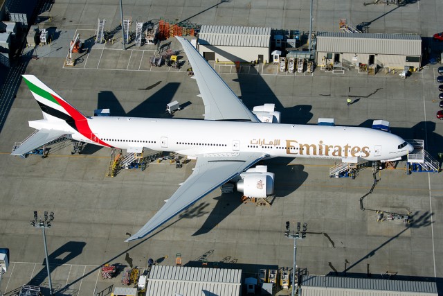 An Emirates 777-31H/ER sits in a delivery stall at the Boeing Facility at Paine Field. Photo  - Bernie Leighton | AirlineReporter