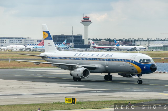 The Lufthansa 50th Anniversary retrojet livery.  Seen here on an Airbus A321 in Frankfurt.