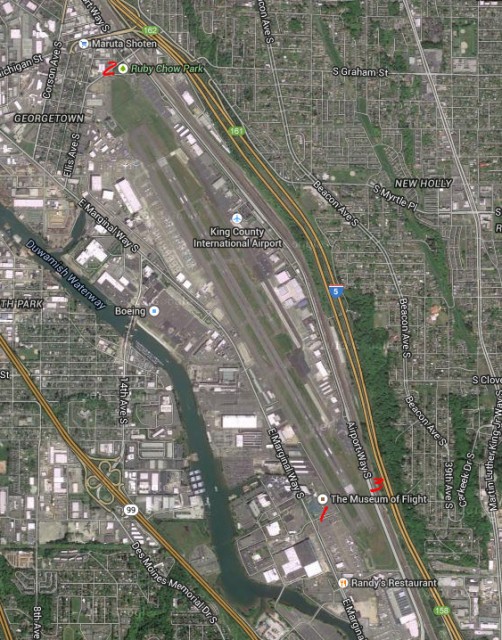Boeing Field as seen from above.  The Airport is quite large but you can see three distinct locations marked on the map