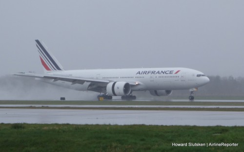 Air France's inaugural Paris to Vancouver flight touches down on YVR's Rwy 08L, just after noon on a rainy Sunday.