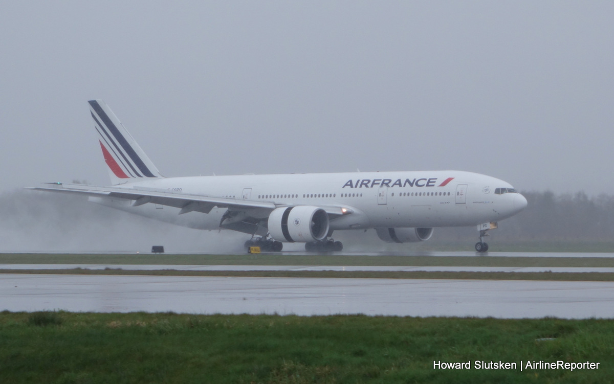 Air France's inaugural Paris to Vancouver flight touches down on YVR's Rwy 08L, just after noon on a rainy Sunday.