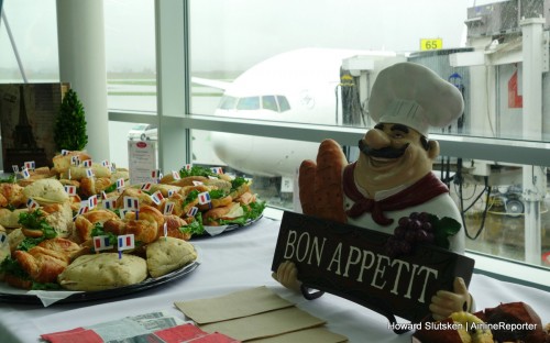 The first Air France Flight #379 from YVR to CDG, waits for its passengers at Gate 65.