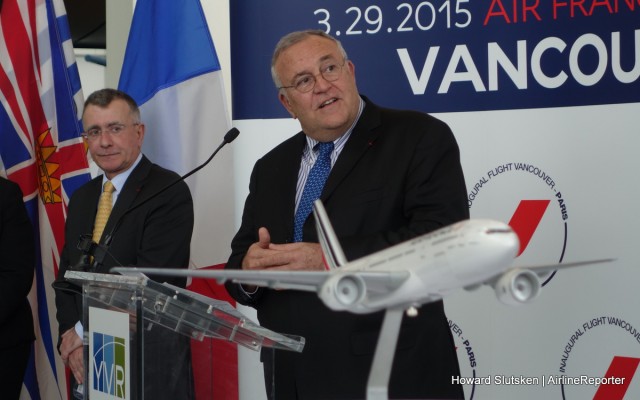 Air France's Patrick Alexandre speaks at the YVR inaugural gate event.