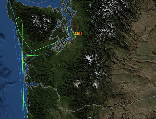 Our special flight path up and down the Washington coast - Image: FlightAware.com