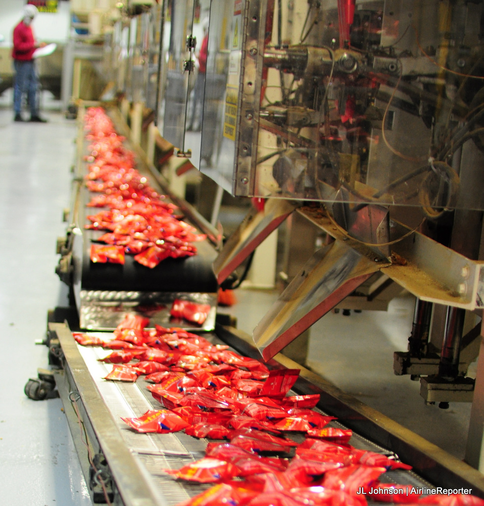 Southwest Airlines Mini Pretzels gather on a conveyor heading for packaging. 