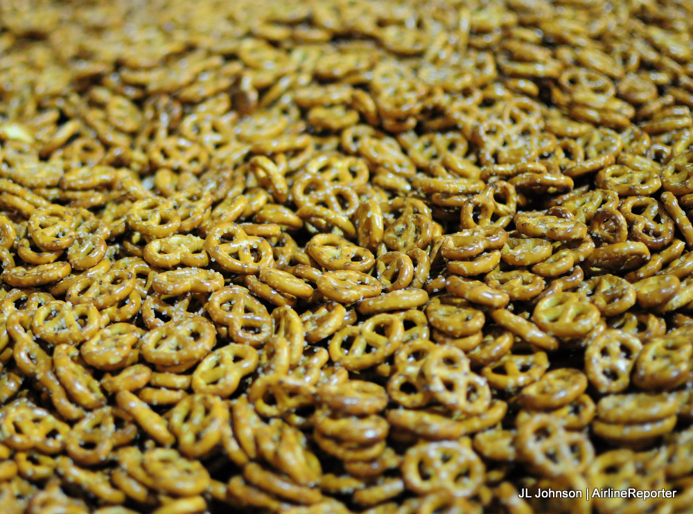 Fresh mini pretzels await packaging.