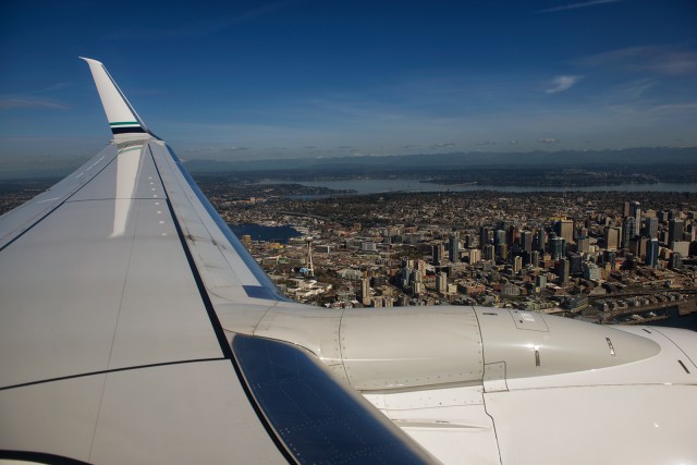 The Seattle Skyline marks the approach to runway 13 at KBFI. Photo - Bernie Leighton 