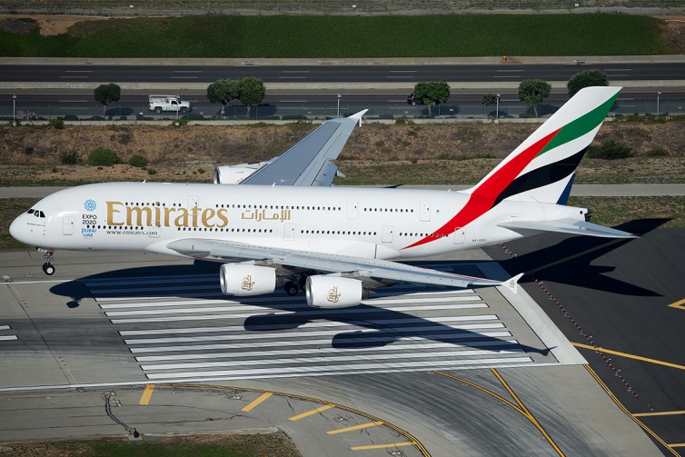 An Emirates A380 landing at Los Angeles Airport. Photo - Bernie Leighton | AirlineReporter