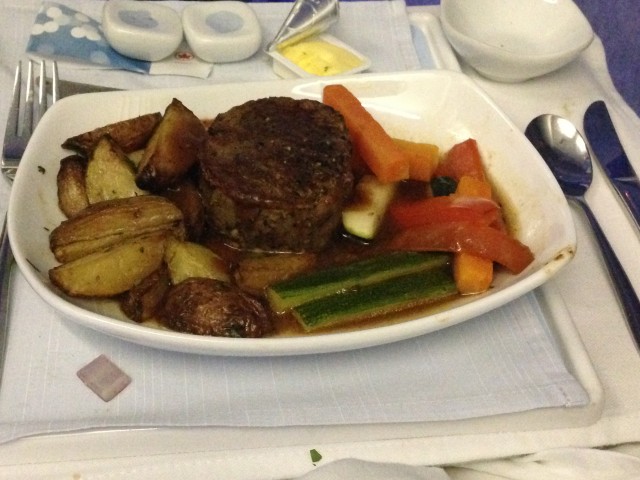 Easily the best steak I've ever had on a flight! Photo: Colin Cook