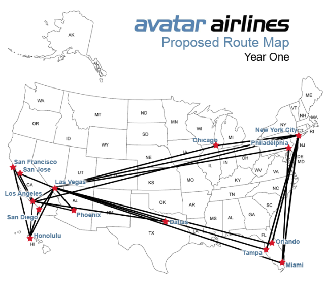 Avatar Airlines proposed route network. Image- Avatar Airlines