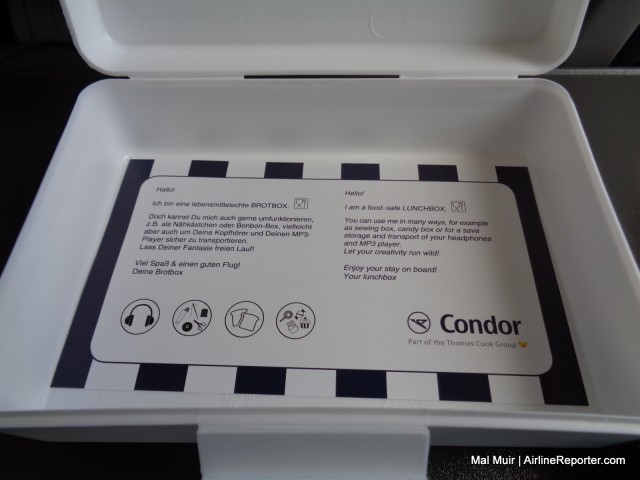 The Condor Premium Economy amenity kit doubles as a Food Safe Lunchbox!