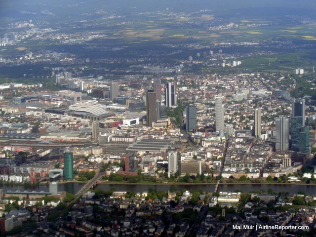 A lovely view of Downtown Frankfurt and the River Main on approach to Frankfurt Airport