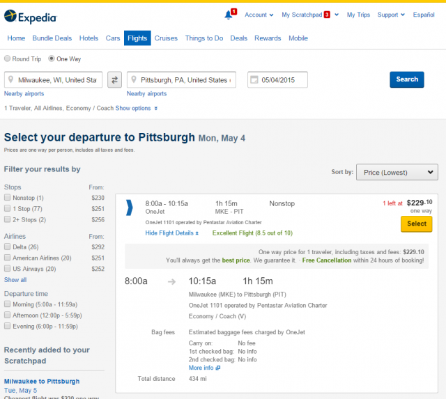 A OneJet option seen on Expedia. The price went down nearly $60 after I booked. D'oh!  Photo: Expedia.com
