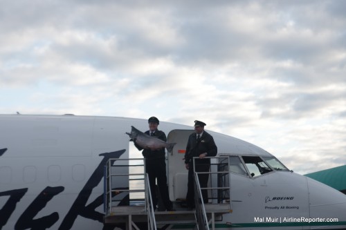 Captain Larry Packer and First Officer Peter Michels shows off the season's first Copper River salmon