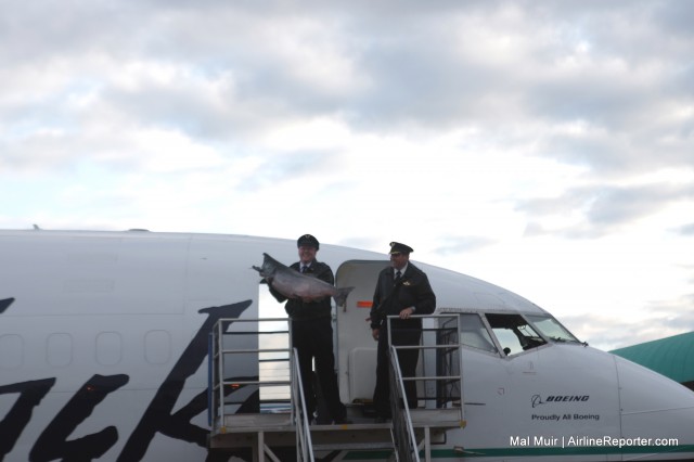 Captain Larry Packer and First Officer Peter Michels shows off the season's first Copper River salmon