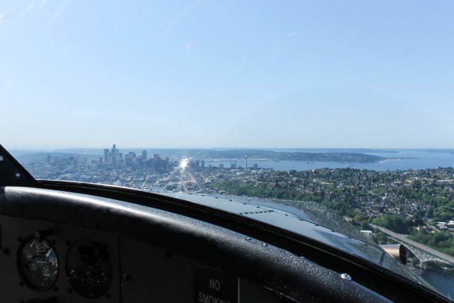 Looking towards downtown Seattle and Puget Sound from the cockpit of N606KA. Photo: Lee Zerrilla