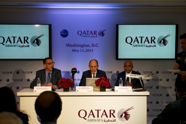 His Excellency Akbar Al Baker flanked by two senior Qatar Airways executives at his DC press conference. Photo - Bernie Leighton | AirlineReporter