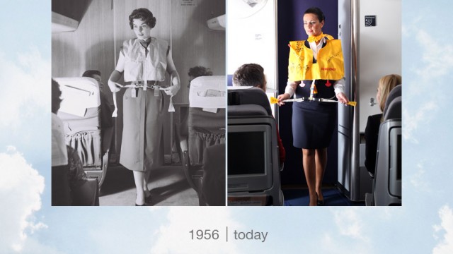 Safety first! Demonstrating life jackets, 1956 & today - Photo: Robert Schadt & Lufthansa