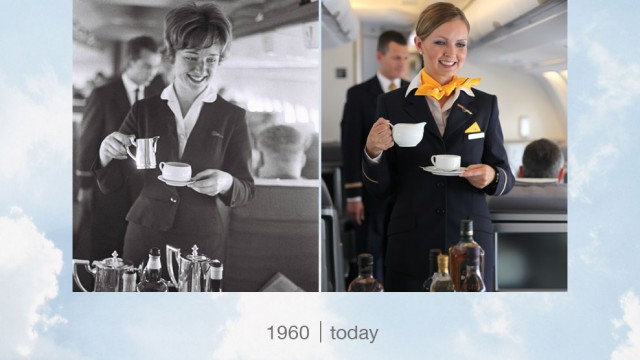 Onboard service with a smile, 1960 & today - Photo: Robert Schadt & Lufthansa