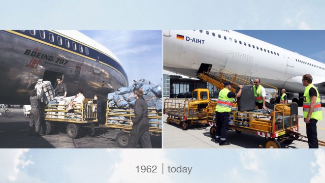 Ramp workers unloading baggage, 1962 & today - Photo: Robert Schadt & Lufthansa