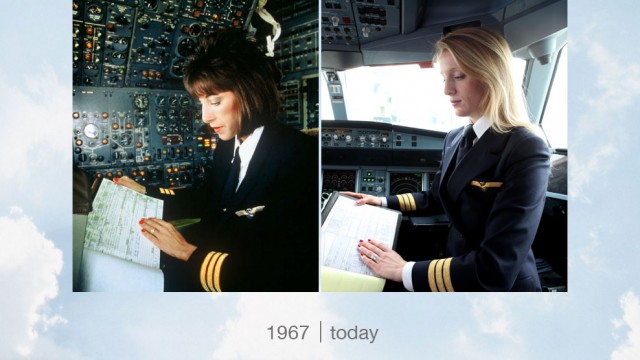 Keeping up the log books, 1967 & today - Photo: Robert Schadt & Lufthansa